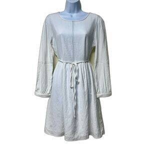 ALL:ROW White Long Sleeve Dress Blue Contrast Stitching Waist Tie, Sz L